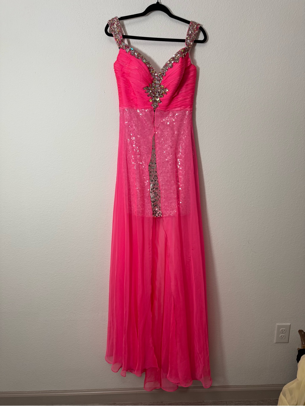Mac Duggal Neon Pink Beaded Sequin High Slit Chiffon Prom Gown Formal Dress 8